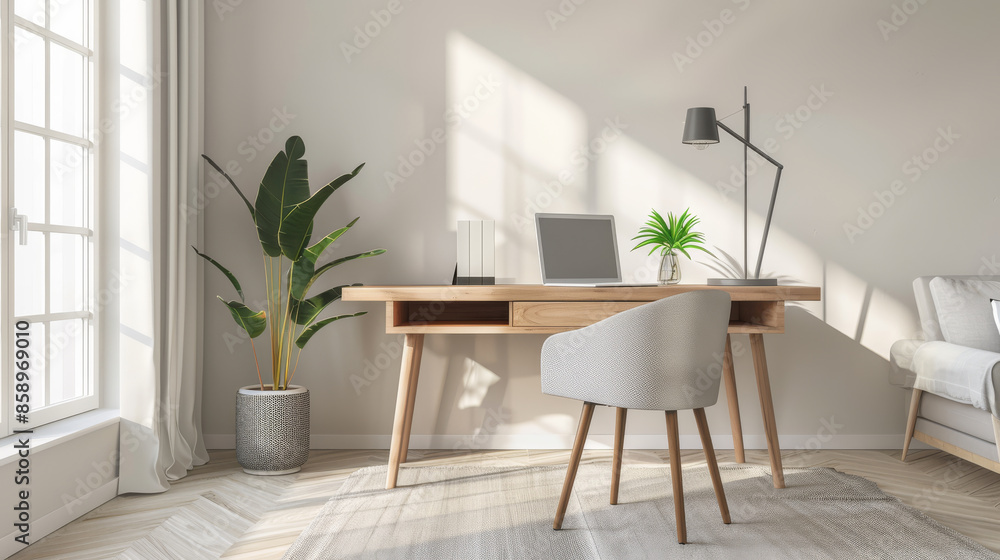 A sunlit, minimalist home office with sleek furniture, potted plant, and large windows promoting a serene and productive atmosphere. A sunlit, minimalist home office with sleek furniture, potted plant, and large windows promoting a serene and productive atmosphere.