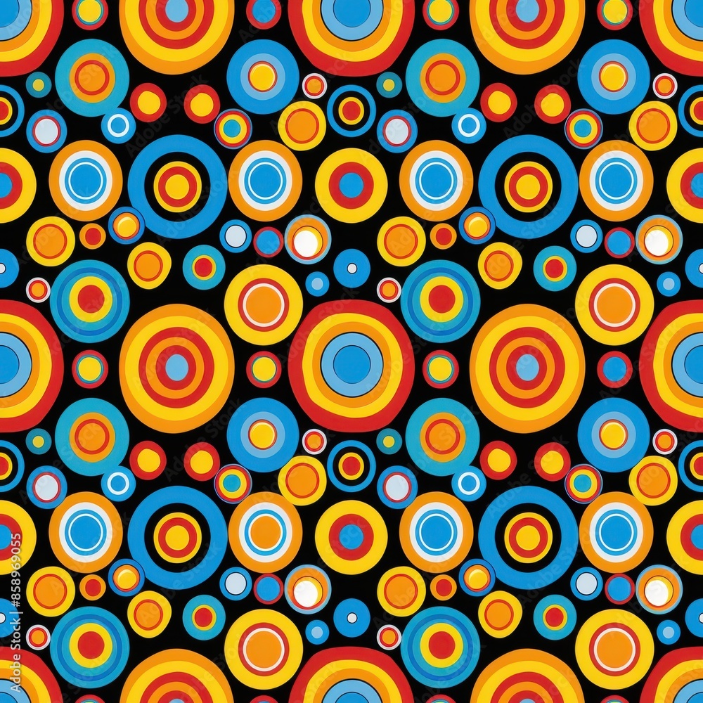 This image features a repeating pattern of colorful concentric circles on a black background. The circles are in various sizes and colors, including red, orange, yellow, blue, and white. The pattern i This image features a repeating pattern of colorful concentric circles on a black background. The circles are in various sizes and colors, including red, orange, yellow, blue, and white. The pattern i