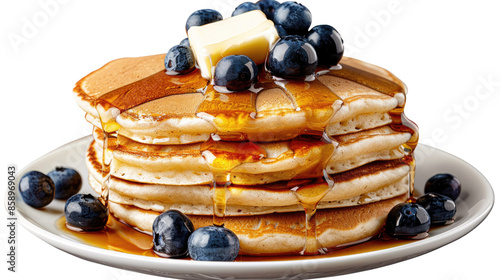 Photograph of a stack of fluffy buttermilk pancakes, drizzled with maple syrup and topped with a pat of butter and fresh blueberries, on a transparent background.