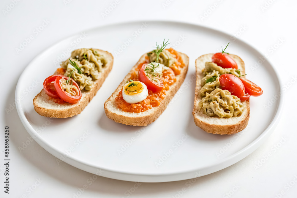 Three Appetizing Toasts on a White Plate Three Appetizing Toasts on a White Plate