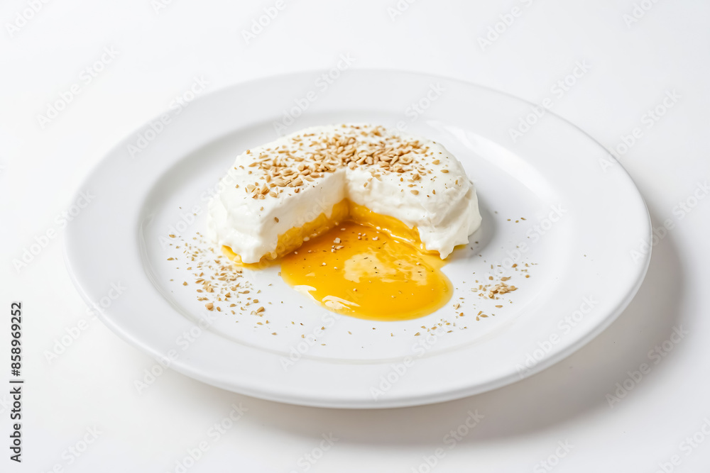 Close-up of a creamy dessert with a yellow sauce and sesame seeds Close-up of a creamy dessert with a yellow sauce and sesame seeds