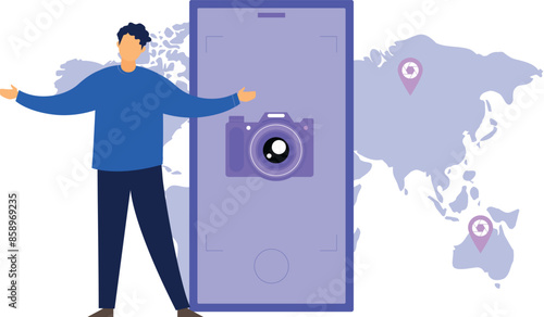 A boy is showing the camera on a mobile phone.