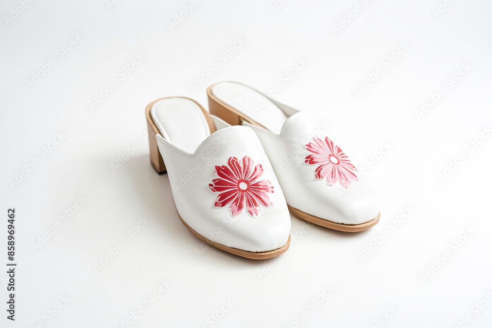 White leather sandals with red flower embroidery White leather sandals with red flower embroidery