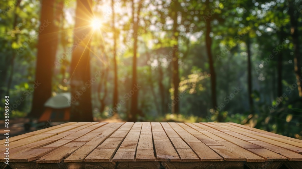 Wooden Table in Front of a Sunny Forest Wooden Table in Front of a Sunny Forest