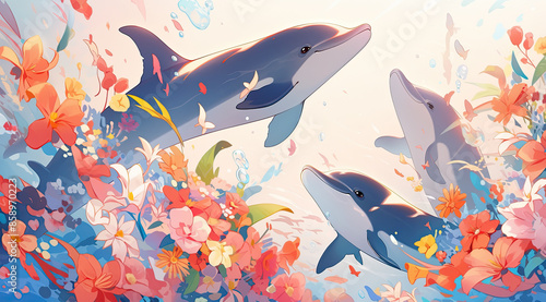 the painting is of dolphins in the ocean.