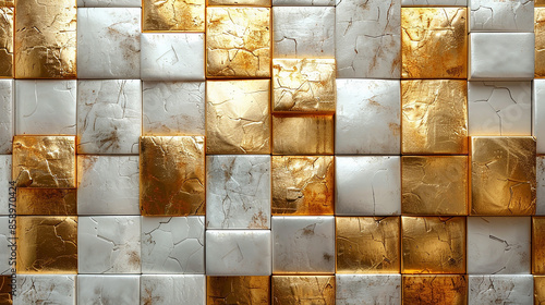 Fototapeta Naklejka Na Ścianę i Meble -  Matt gold and white metallic abstract luxury geometric mosaic title texture pattern square grid material map for 3D modelling  