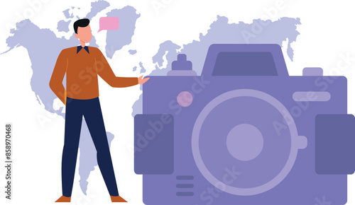 Boy showing high class camera model.