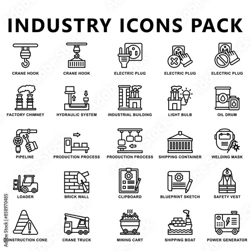 Industry black outline icons pack, contain robot, buildings, welding mask, crane, mining cart and more. use for modern concept, industry 4.0, web, app development. Vector EPS 10.