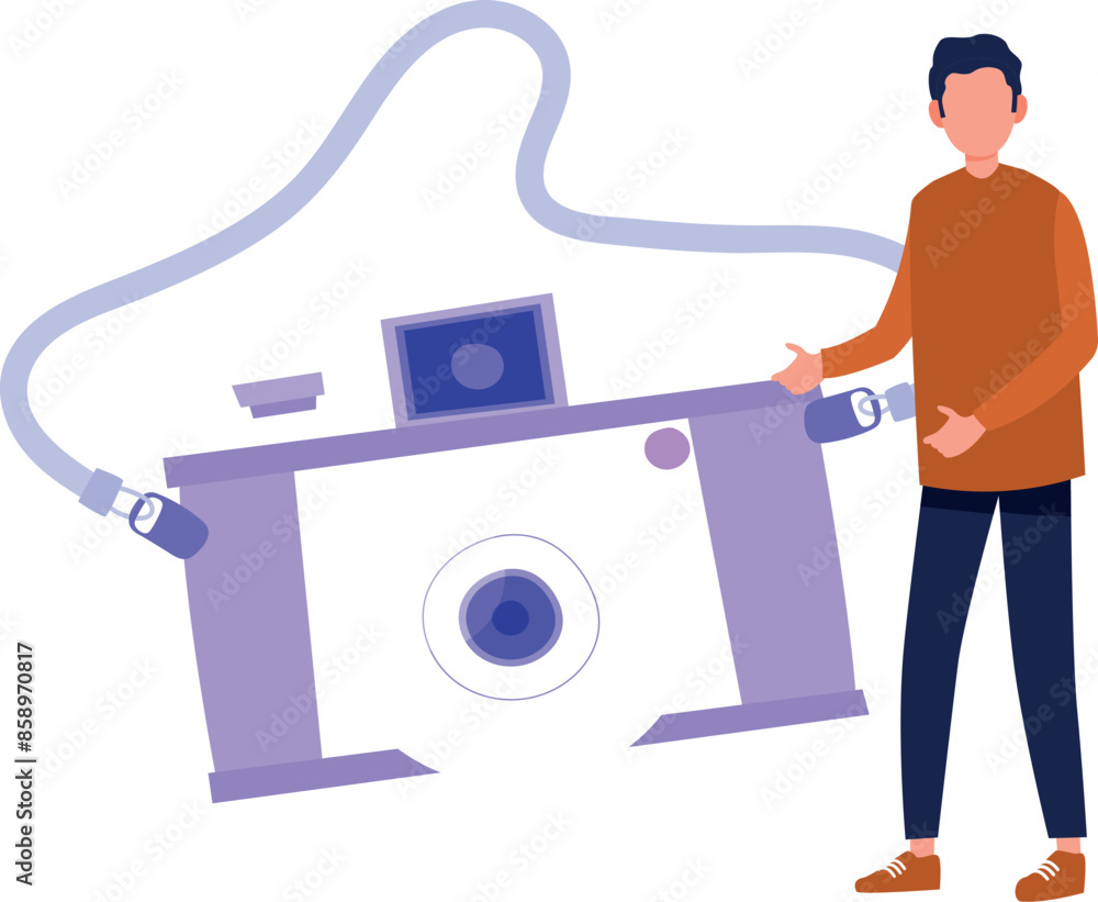 The boy is explaining about the photography camera. The boy is explaining about the photography camera.