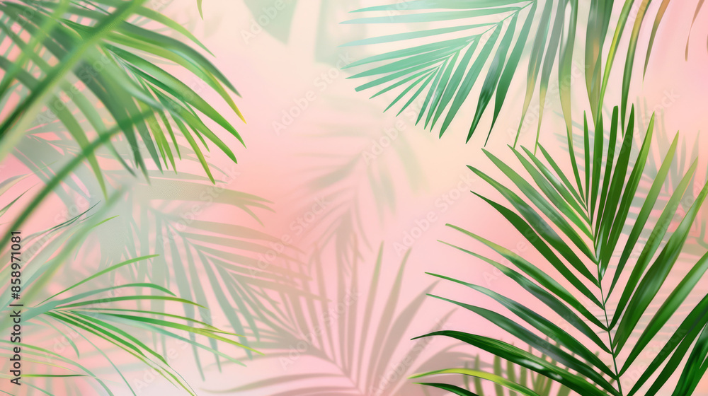 Naklejka premium Delicate palm leaves against a soft, pastel pink background, creating a serene and refreshing tropical vibe.