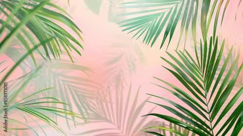 Delicate palm leaves against a soft, pastel pink background, creating a serene and refreshing tropical vibe. photo