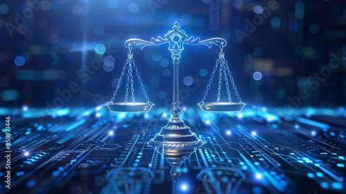 Justice scale against a futuristic blue background with glowing circuit patterns, symbolizing digital law, data protection, and cybersecurity in modern legal practices