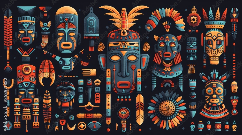 Flat illustration of tribal artifacts, bold hues, featuring ancient patterns and motifs, detailed masks, tools, and ornaments, exuding cultural heritage and history Flat illustration of tribal artifacts, bold hues, featuring ancient patterns and motifs, detailed masks, tools, and ornaments, exuding cultural heritage and history