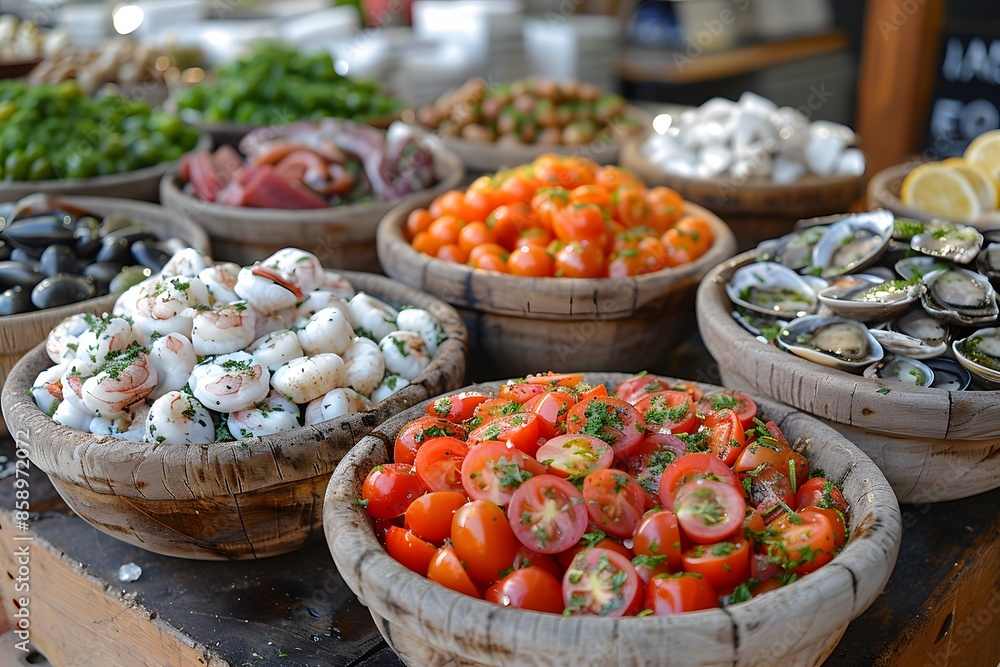 Fresh Seafood and Vegetable Market Display: Vibrant Vegetables, Mussels, and Herbs - Perfect for Print Design, Posters, and Culinary Projects Fresh Seafood and Vegetable Market Display: Vibrant Vegetables, Mussels, and Herbs - Perfect for Print Design, Posters, and Culinary Projects
