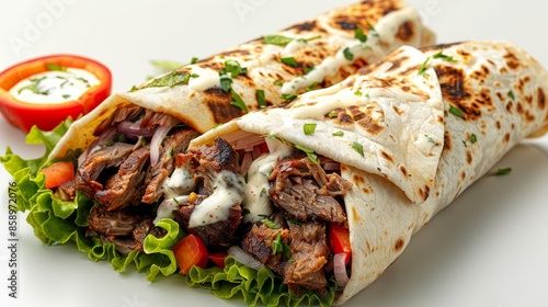 Freshly made doner kebab wrap with creamy ranch dressing, displayed on a white background, front-view, enhanced editing for vivid detail and texture