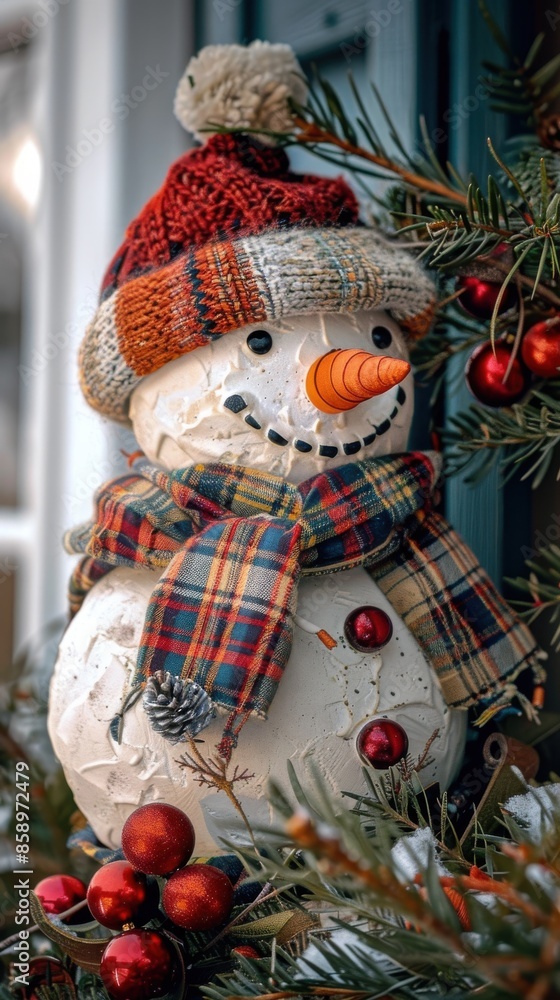 A close-up of a snowman decoration with a plaid scarf and hat, surrounded by evergreen branches and red berries. The snowman is made of white material and has a carrot nose, black eyes, and a friendly A close-up of a snowman decoration with a plaid scarf and hat, surrounded by evergreen branches and red berries. The snowman is made of white material and has a carrot nose, black eyes, and a friendly