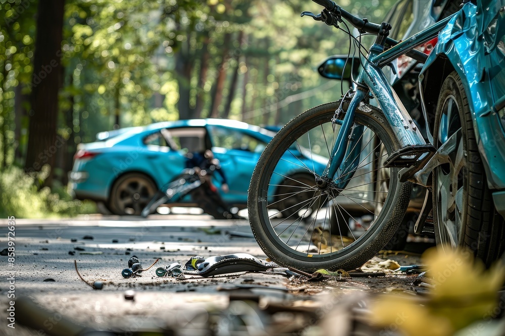 Cyclist and car accident scene, clear and sharp imagery, highlighting the damaged bicycle and car, emphasizing the accident's impact Cyclist and car accident scene, clear and sharp imagery, highlighting the damaged bicycle and car, emphasizing the accident's impact