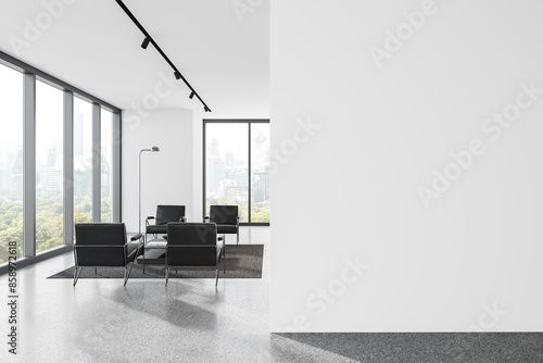 Modern office waiting room with black chairs and a cityscape view, on a spacious white wall background. Reception area concept.  3D Rendering