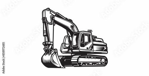 black and white excavator vehicle on white background