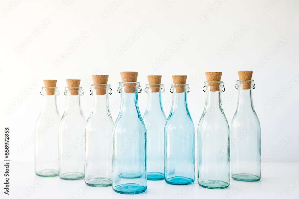 Empty Glass Bottles with Cork Stoppers on a White Background Empty Glass Bottles with Cork Stoppers on a White Background