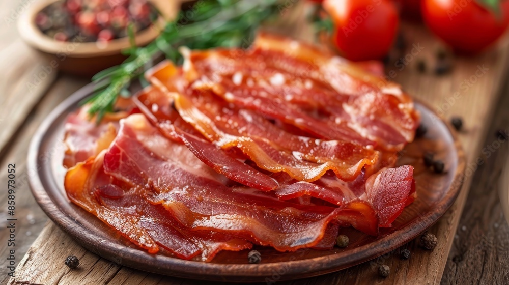 Delicious pieces of fried dry bacon, rich in color, thin slices with perfect crispiness, high clarity and quality, ready to eat Delicious pieces of fried dry bacon, rich in color, thin slices with perfect crispiness, high clarity and quality, ready to eat