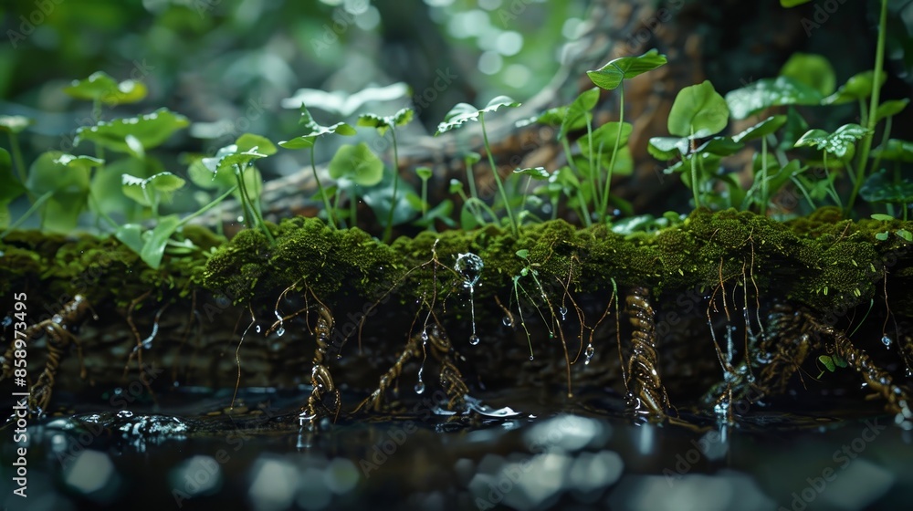 Detailed plant roots and moisture integrated into a digital matrix, showcasing high-definition textures, vibrant color, and clarity Detailed plant roots and moisture integrated into a digital matrix, showcasing high-definition textures, vibrant color, and clarity