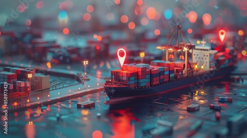 Detailed location pin icon, container ship at dock, cargo containers with digital cyberspace textures, focus on color and quality photo