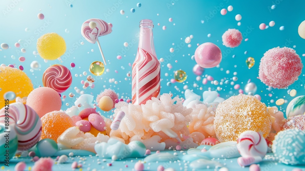 Disrupted candy explosion from a bottle, featuring pastel-colored sugarplums and confections in a whimsical arrangement Disrupted candy explosion from a bottle, featuring pastel-colored sugarplums and confections in a whimsical arrangement