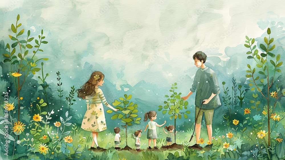Draw a family planting trees together in a reforestation project. Show ...
