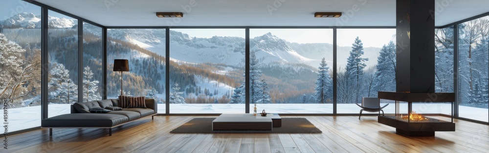 This image shows a modern living room with large windows that offer a stunning view of snow-covered mountains. The room features a comfortable couch, a coffee table, and a modern fireplace with a cozy This image shows a modern living room with large windows that offer a stunning view of snow-covered mountains. The room features a comfortable couch, a coffee table, and a modern fireplace with a cozy