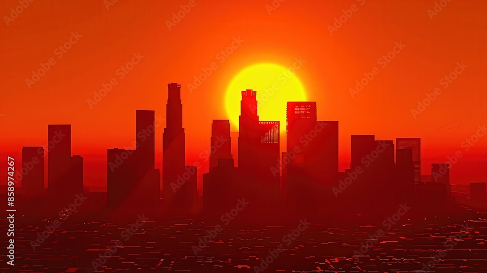 Fototapeta premium City Skyline Silhouette at Fiery Sunset