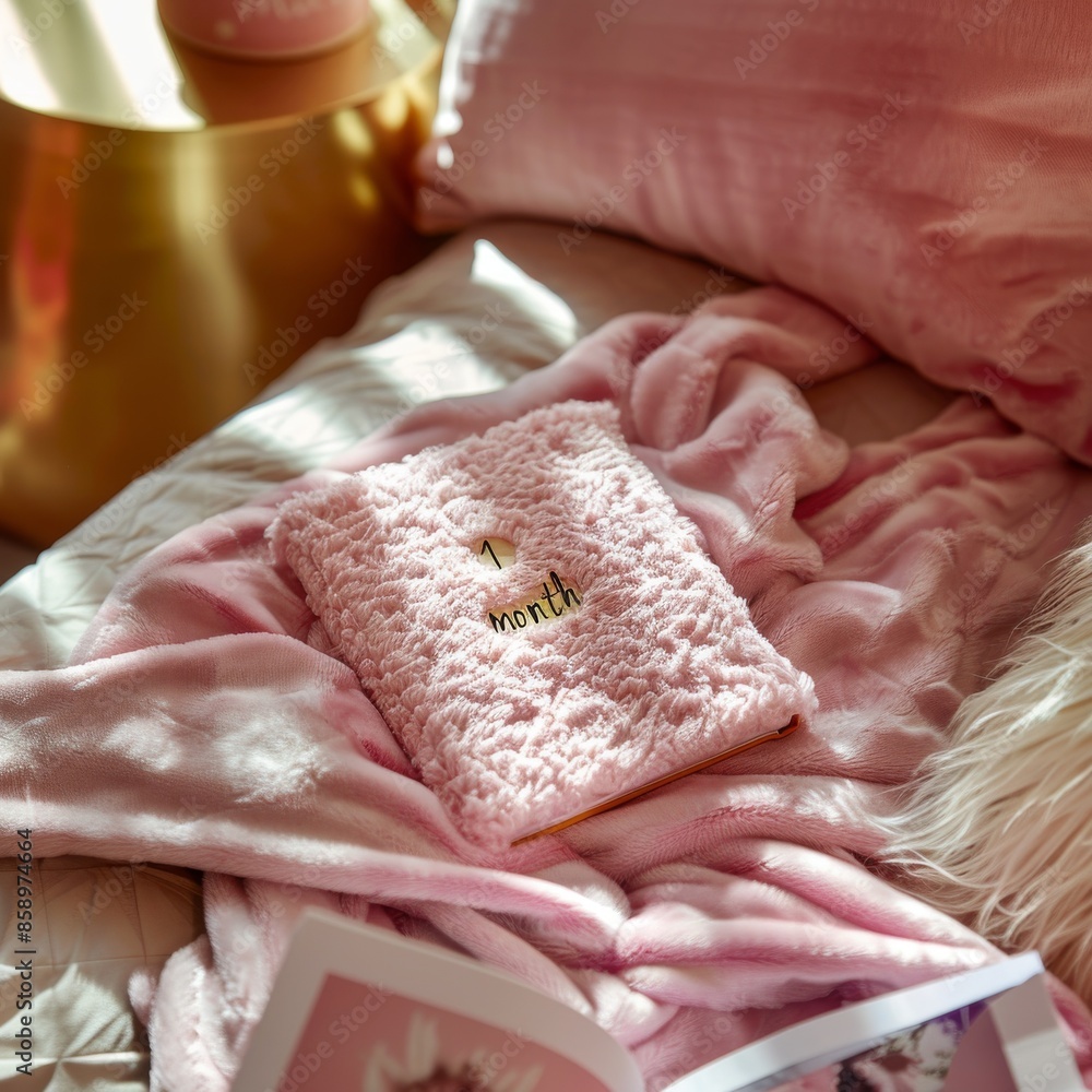 Card with the inscription 1 month lies on the bed with pink bedding in honor of the child's birthday. One month old little girl baby. A postcard with congratulations for the parents of a small child. Card with the inscription 1 month lies on the bed with pink bedding in honor of the child's birthday. One month old little girl baby. A postcard with congratulations for the parents of a small child.