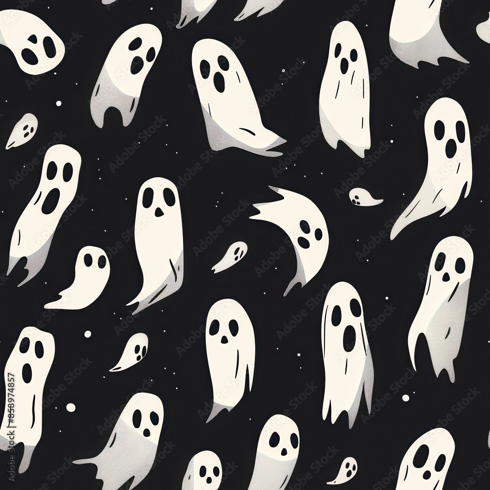 This is a pattern of ghosts on a black background. The ghosts are white and have a simple, cartoonish design. They are all floating in the air and appear to be moving in different directions. This is a pattern of ghosts on a black background. The ghosts are white and have a simple, cartoonish design. They are all floating in the air and appear to be moving in different directions.