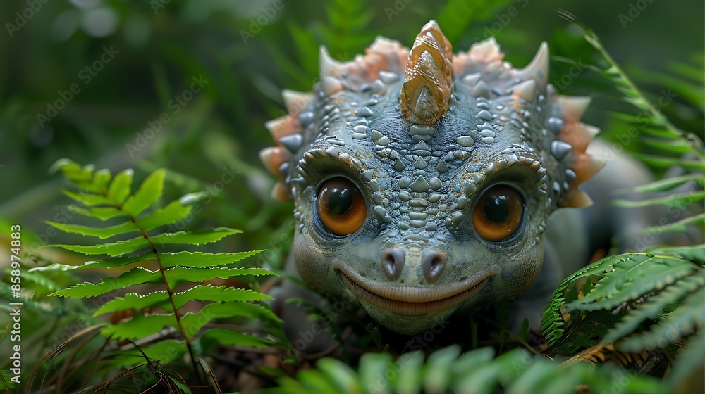 A tiny, fluffy Triceratops hatchling with big, curious eyes and a playful smile, nestled in a bed of soft ferns. Pastel colors, soft lighting, photorealistic style. A tiny, fluffy Triceratops hatchling with big, curious eyes and a playful smile, nestled in a bed of soft ferns. Pastel colors, soft lighting, photorealistic style.