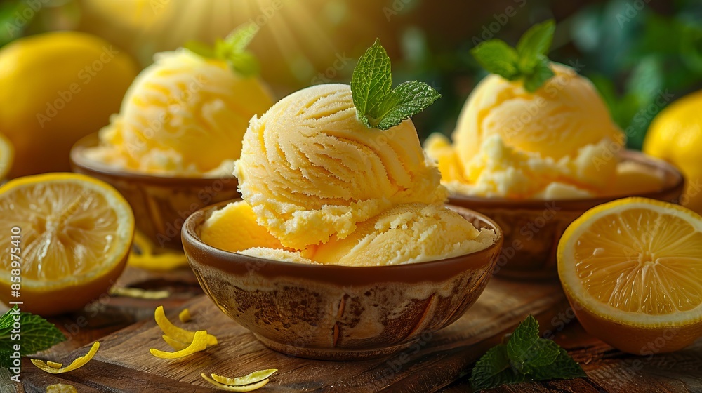 Ice cream in bowls with lemons and mint leaves. Ice cream in bowls with lemons and mint leaves.