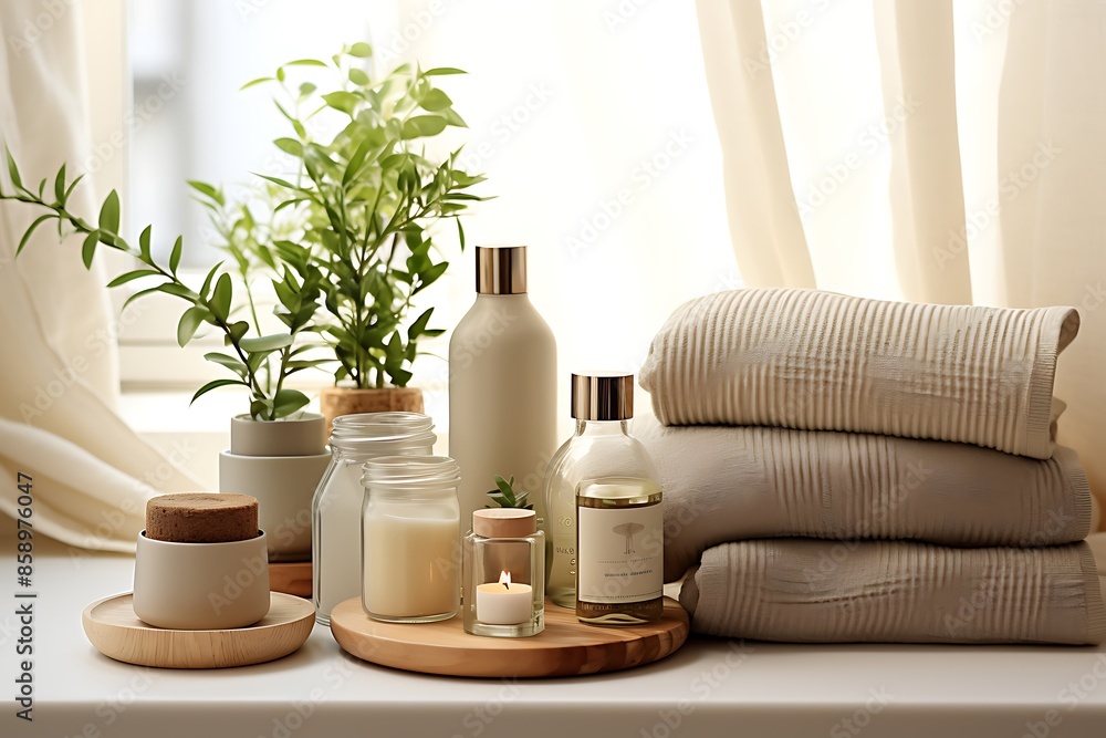 Spa composition with towels, candles and cosmetic products on windowsill Spa composition with towels, candles and cosmetic products on windowsill