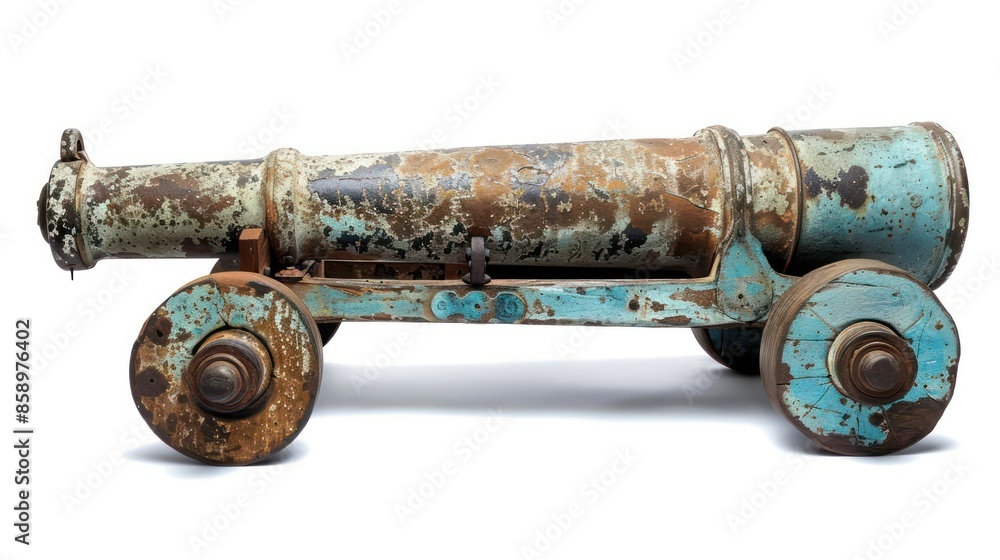Ancient cannon on wheels with cannonballs isolated on white background with clipping path Ancient cannon on wheels with cannonballs isolated on white background with clipping path