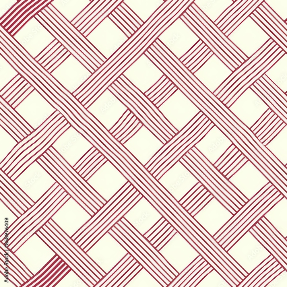 This digital image features a seamless pattern of diagonal red and white stripes. The stripes are interlaced to create a woven, lattice effect. The images background is white. This digital image features a seamless pattern of diagonal red and white stripes. The stripes are interlaced to create a woven, lattice effect. The images background is white.