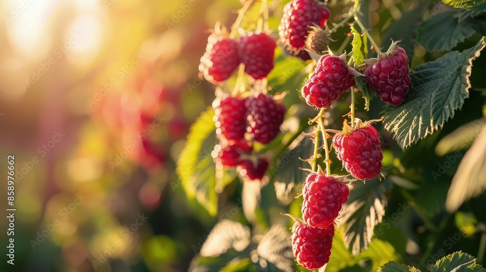 Full bloom raspberry organic farm in the morning with sun rise. Full bloom raspberry organic farm in the morning with sun rise.