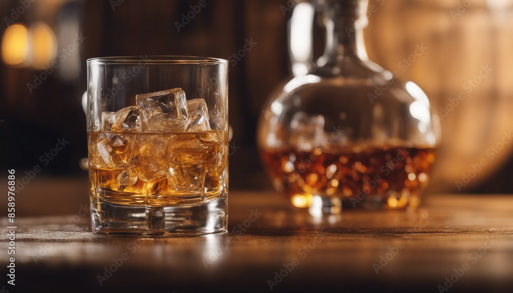 whisky glass with ice flakes on a wooden barrel and an unbranded, unwritten whisky bottle. whisky glass with ice flakes on a wooden barrel and an unbranded, unwritten whisky bottle.