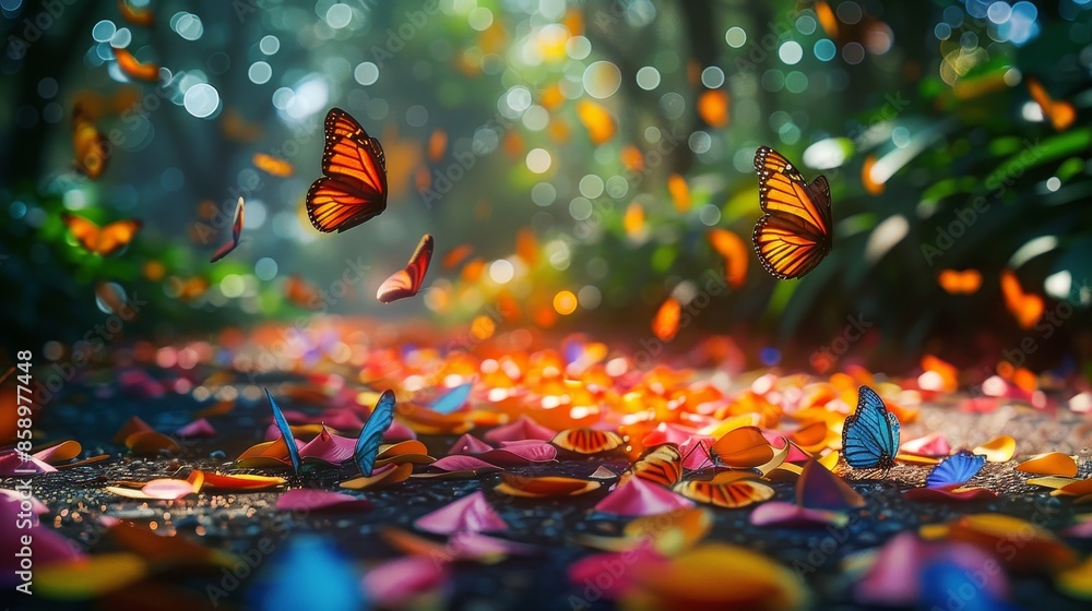 A colorful butterfly is flying over a path with orange and pink leaves A colorful butterfly is flying over a path with orange and pink leaves