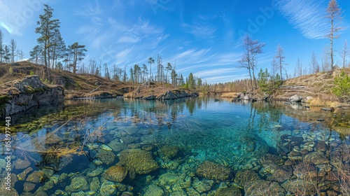 Geography, potamology. Middle Siberia (south part). Panorama of crystal clear water copious river and taiga forests, Typical coniform hill oreography. Absence of people and virginal natural area. photo