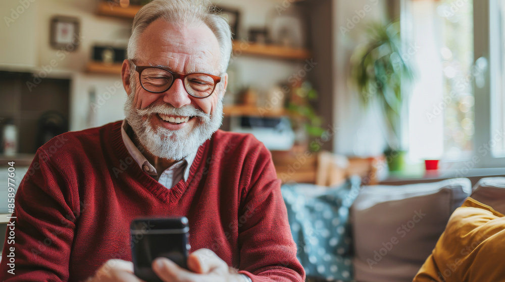 An elderly man with a joyful smile, seated comfortably in a cozy living room, using his smartphone to connect with loved ones, reflecting happiness and warmth. An elderly man with a joyful smile, seated comfortably in a cozy living room, using his smartphone to connect with loved ones, reflecting happiness and warmth.