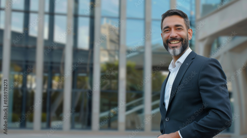 A smiling man in a suit stands confidently in front of a modern glass building, embodying professional success and positivity in an urban setting. A smiling man in a suit stands confidently in front of a modern glass building, embodying professional success and positivity in an urban setting.