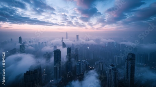 Cityscape in ruins, misty clouds enveloping the last moments of daylight, as darkness encroaches, emphasizing a sense of abandonment