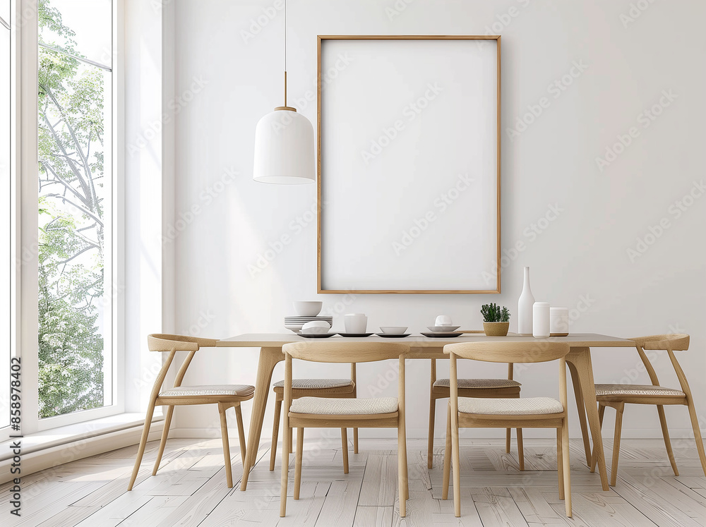 Poster Frame Mockup. 3D rendering, mockup poster frame on the wall of a minimalist studio apartment, white walls, Poster Frame Mockup. 3D rendering, mockup poster frame on the wall of a minimalist studio apartment, white walls,