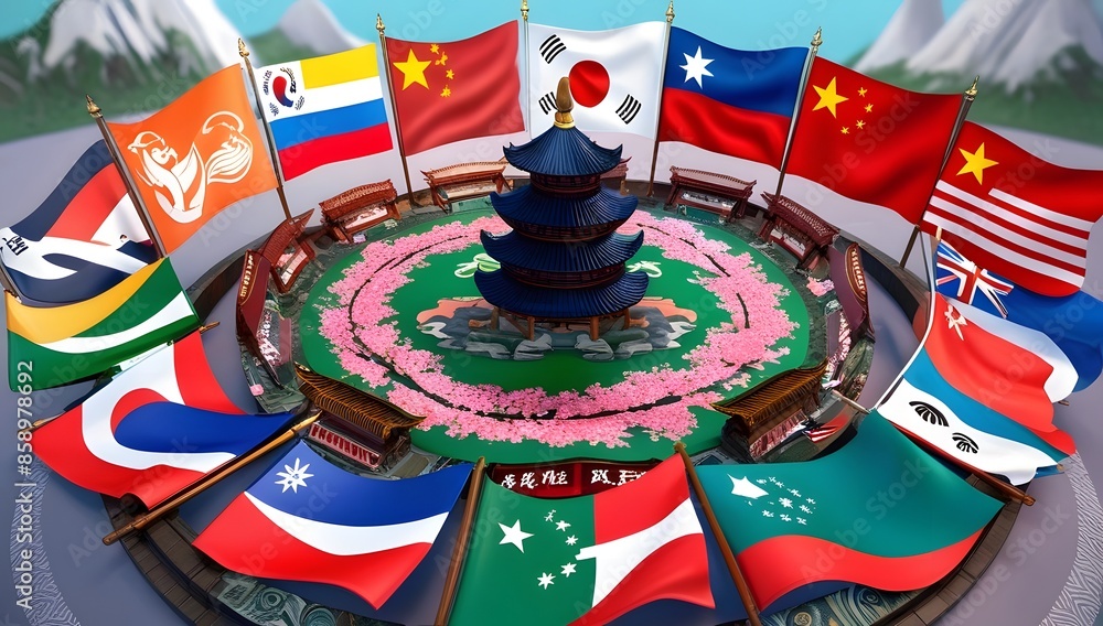 Obraz premium Vibrant 3D Scene of Asian Flags Celebrating Cultural Richness