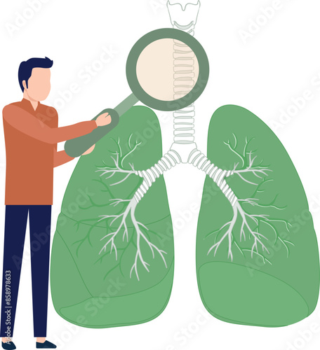 Boy is looking at windpipe by using magnifier