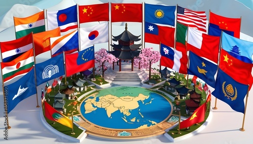 Vibrant 3D Scene of Asian Flags Celebrating Cultural Richness