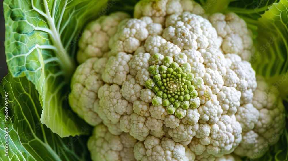 Close-up of cauliflower, golden ratio spiral, vibrant green tones, capturing the vegetable's clarity and high quality Close-up of cauliflower, golden ratio spiral, vibrant green tones, capturing the vegetable's clarity and high quality